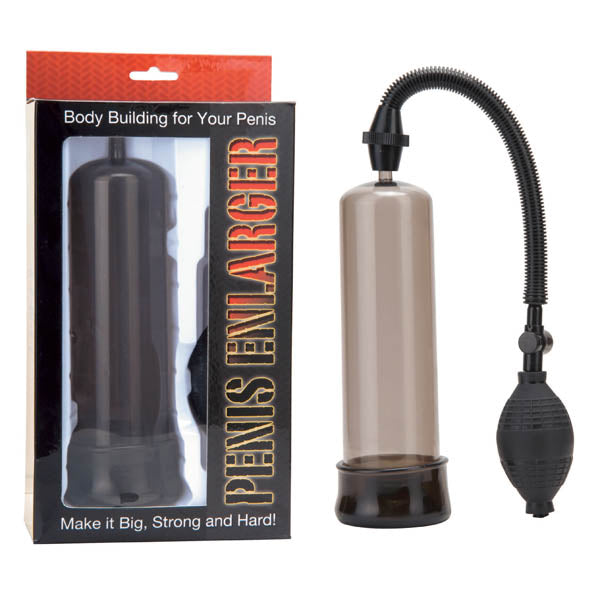 Image of the Penis Enlarger Pump - Smokey. The packaging, on the left, displays the device inside and includes text that reads "Body Building for Your Penis" and "Make it Big, Strong and Hard!" The device, on the right, features a transparent cylindrical chamber with super suction capabilities attached to a black hand pump.