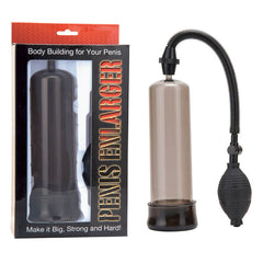 Image of the Penis Enlarger Pump - Smokey. The packaging, on the left, displays the device inside and includes text that reads "Body Building for Your Penis" and "Make it Big, Strong and Hard!" The device, on the right, features a transparent cylindrical chamber with super suction capabilities attached to a black hand pump.