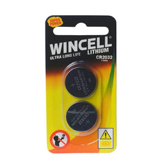 A package of Wincell CR2032 batteries, offering "Ultra Long Life" and clearly labeled with "3 Volts." The packaging includes two batteries, a warning symbol, and a "Super Power" label prominently displayed in the top left corner.