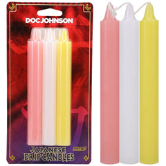 A package labeled "Japanese Drip Candles - Light" features three candles—pink, white, and yellow. Ideal for sensation play or hot wax play, the background of the packaging is red with a decorative pattern.
