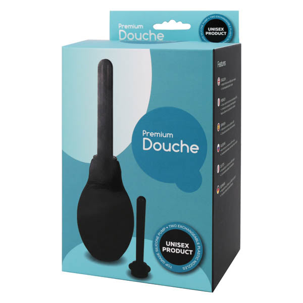 A box labeled "Premium Douche" displays a black bulb and interchangeable nozzle prominently on the front. Marked as a unisex product, it features a blue and teal design with detailed text outlining its features on the side. The nozzle is made from durable ABS plastic, ensuring ease of use.