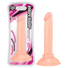 A packaged sex toy labeled "Enduro Blaster," featuring realistic details and a strong suction cup base. This flesh-toned, phthalate-free, realistic dong measures 6.0 inches in length and is made from soft silicone material. The packaging is predominantly pink and white.