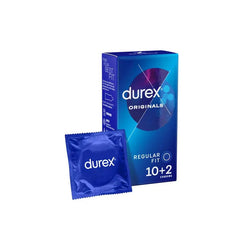 An image of a Durex Originals Regular Fit Condoms box, which states "10+2 Condoms" and "Regular Fit". Beside the box, there is one single blue latex condom wrapper with the Durex logo on it.