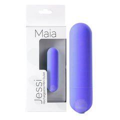 A purple Maia Jessi Bullet Vibrator rests next to its packaging, which features the brand name "Maia" at the top and the product name "Jessi Rechargeable Mini Bullet" underneath. This compact, cylindrical device with a rounded tip offers 10 speeds and is USB rechargeable for convenience.