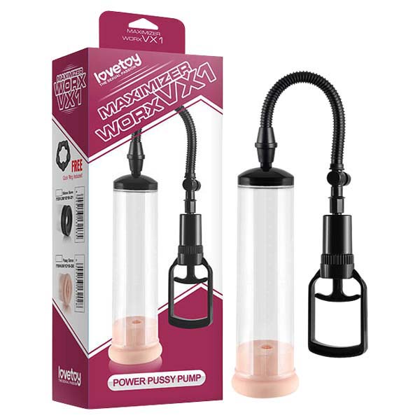 Box and product image of the "Maximizer Worx VX1 - Penis Pump with Pussy" by Lovetoy. The item is a cylindrical device with a black handle, flexible tube, and silicone airtight seal, designed for intimate use. Packaging features product images and branding on a white and pink background.
