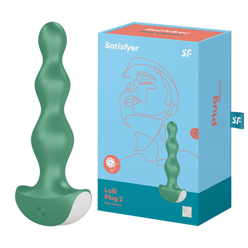 A product image showcasing the Satisfyer Lolli-Plug 2 Green Butt Plug. The green, silicone anal plug features a series of bulbous shapes perfect for reaching those anal pleasure points with rolling vibration. The packaging, displaying an illustrated profile of a face and the product name, is also visible.