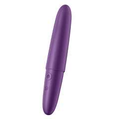 The Satisfyer Ultra Power Bullet Vibrator 6 - Purple is a sleek, cylindrical personal massager crafted from body-friendly silicone. It features a power button near the base and has a smooth surface without any additional textures or patterns, embodying the refined simplicity of bullet vibes.