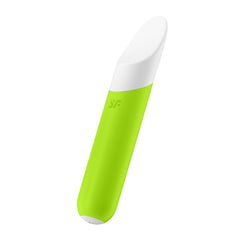 The Satisfyer Ultra Power Bullet Vibrator 7 - Green is a sleek and ergonomic device. Its main body, crafted from body-friendly silicone, boasts a green color, while the top portion is white with a slightly curved, smooth surface. This minimalist device also features a small, subtle logo on the green section.