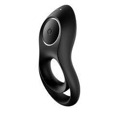 The Satisfyer Legendary Duo Vibrating Cock Ring is a sleek, black, ergonomic ring-shaped device with a small power button on its surface. The design features a smooth, curved structure with a loop at the bottom, likely intended for easy grip or wearability. As part of the Duo line, it boasts a powerful motor for enhanced functionality.