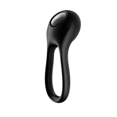 A sleek, black Satisfyer Majestic Duo Vibrating Cock Ring featuring a modern design with an elongated loop handle that is suitable for gripping or attaching. Crafted with body-friendly silicone, the device boasts a round digital display at the top and is encased in a smooth, matte-finish material.