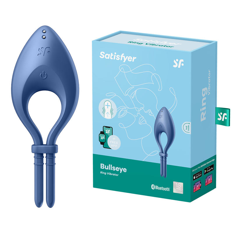 A blue Satisfyer Bullseye - Blue Vibrating Cock Ring is displayed beside its packaging. The light blue packaging features illustrations and labels highlighting Bluetooth compatibility, customizable vibrations, and the Satisfyer Connect app for an enhanced experience with this adjustable penis ring.