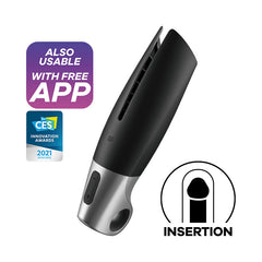 An image displays the sleek, black, and silver Satisfyer Power Masturbator. Text on the left highlights its compatibility with the free Satisfyer Connect app and notes its recognition at the CES Innovation Awards 2021. Below the device, there is an icon demonstrating insertion for optimal penile stimulation.
