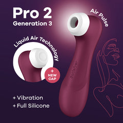 The image showcases an advertisement for the "Satisfyer Pro 2 Generation 3 - Red" product. It highlights features such as "Air Pulse," "Liquid Air Technology," "+ New Cap," "Vibration," and "Full Silicone." The maroon product with a white cap is set against a dark purple background, emphasizing its air pressure waves technology.