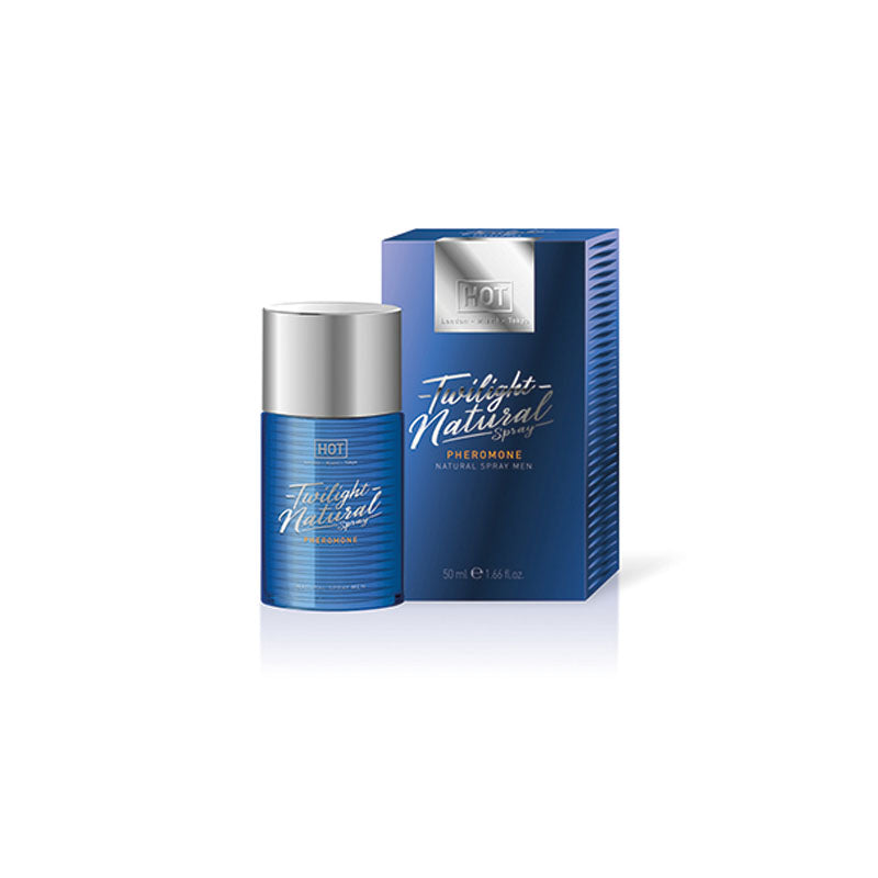 A blue cylindrical bottle labeled "HOT Twilight Pheromone Natural Spray men" stands next to a matching blue box, both adorned with metallic text and accents. The bottle, capped with silver, contains 50ml of pheromone natural spray for men, enhancing an erotic aura without any fragrance-free spray concerns.