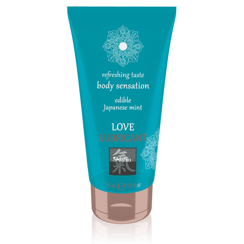 A tube of SHIATSU Love Japanese Mint Water-based Lubricant with a turquoise label and brown cap.