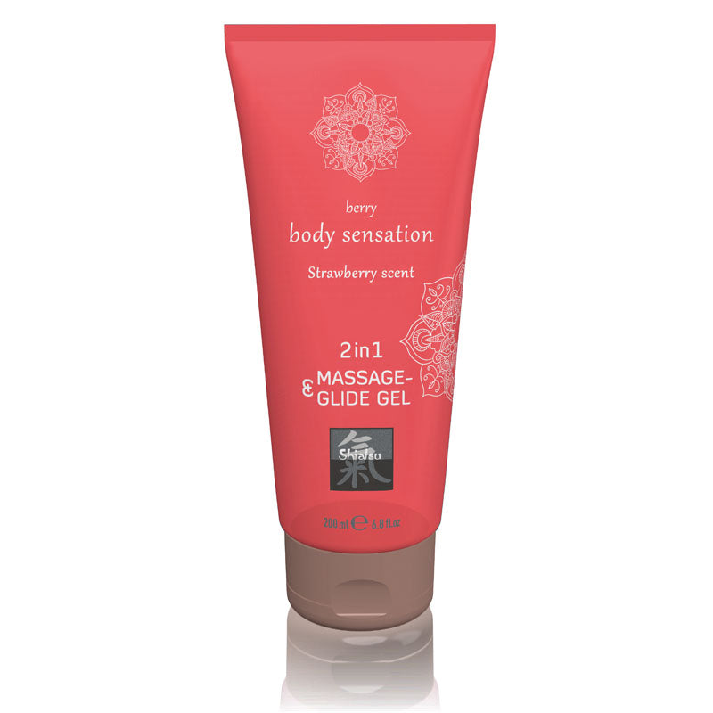 A tube of SHIATSU 2in1 Massage & Glide Gel with a strawberry scent, featuring a pink and white packaging.