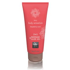 A tube of SHIATSU 2in1 Massage & Glide Gel with a strawberry scent, featuring a pink and white packaging.