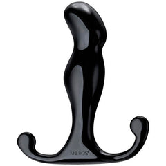 The Progasm Jr. Prostate Massager Butt Plug is a black, ergonomically designed, curved prostate massager with a shiny finish, featuring a bulbous head and curved body. It comes equipped with two rounded handles at the base for grip and control, as well as a Kundalini tab for enhanced prostate stimulation.