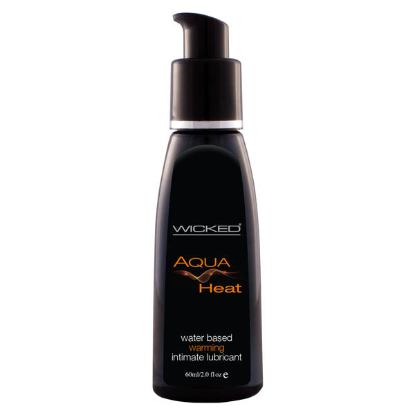 The "Wicked Aqua Heat" comes in a sleek black 60 ml (2.0 fl oz) bottle with a pump dispenser, containing a water-based warming lube for intense sensations. The packaging features stylish silver and orange accents, enhancing its modern look.
