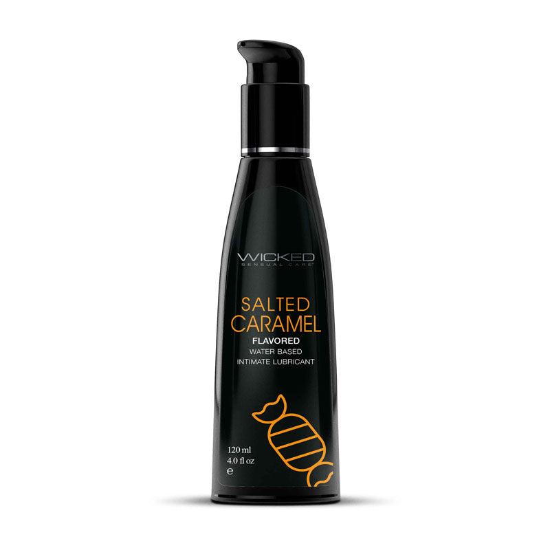 The Wicked Aqua Salted Caramel Water Based Lubricant comes in a 120ml (4.0 fl oz) black bottle, featuring a gold-colored candy illustration and an easy-to-use pump dispenser. The bottle is labeled: "Salted Caramel Flavored Water Based Intimate Lubricant.