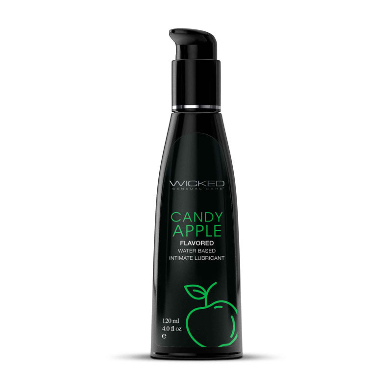 A black bottle with a green label showing 'Candy Apple' and an image of an apple, describing the flavor of the lubricant.