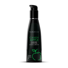 A black bottle with a green label showing 'Candy Apple' and an image of an apple, describing the flavor of the lubricant.