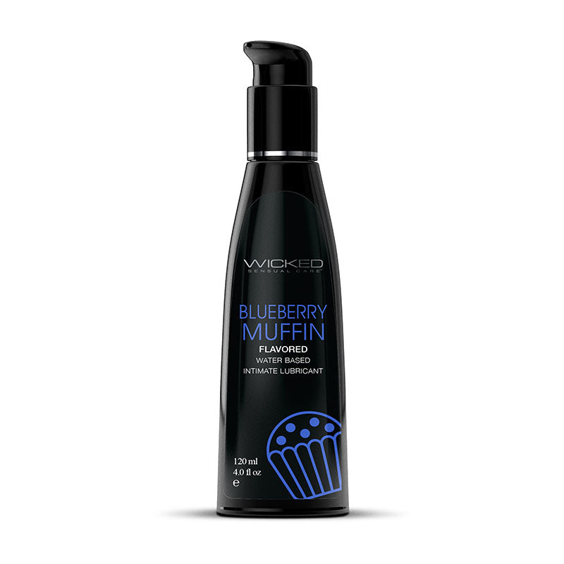 The "Wicked Aqua Blueberry Muffin Flavoured Water Based Lubricant" is an ideal choice for boosting oral pleasures. This 120 ml (4.0 fl oz) lubricant comes in a sleek black bottle equipped with a convenient pump dispenser, adorned with blue and white text and a tantalizing muffin image.
