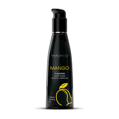 The Wicked Aqua Mango Water Based Lubricant 120ml comes in a sleek black bottle featuring a convenient pump dispenser. The label displays "Mango" along with an image of a yellow mango. This 120 ml (4.0 fl oz) water-based, flavored lubricant promises to add a delightful tropical touch to your intimate moments.