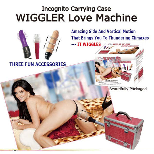 Advertisement for the Wiggler Love Machine featuring the tagline "Incognito Carrying Case." The ad showcases a product image, a woman using the device, and text highlighting "Three Fun Accessories," including a realistic penis attachment and a silicone vibrator. It also displays its incredible side-to-side and vertical motion capabilities, along with images of the discreet carrying case and packaging.