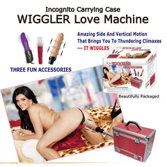 Advertisement for the Wiggler Love Machine featuring the tagline "Incognito Carrying Case." The ad showcases a product image, a woman using the device, and text highlighting "Three Fun Accessories," including a realistic penis attachment and a silicone vibrator. It also displays its incredible side-to-side and vertical motion capabilities, along with images of the discreet carrying case and packaging.