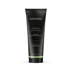 A tube of Wicked SAGE + SEA SALT Sensual Massage Cream with a green and black color scheme.