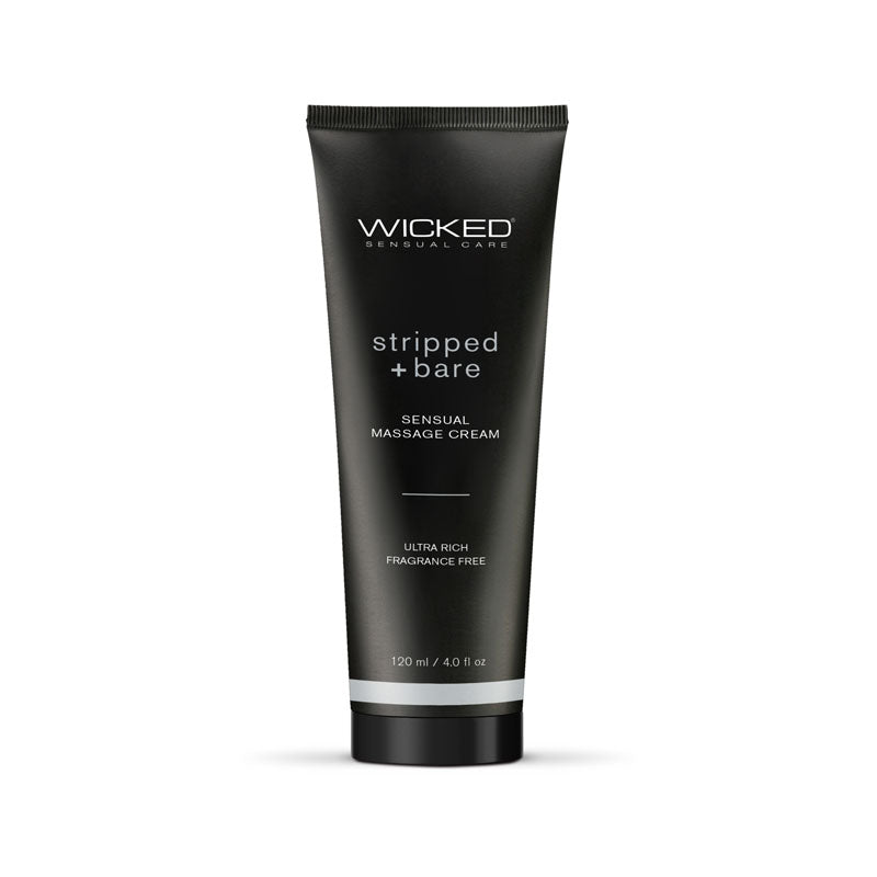 A black tube of WICKED brand Stripped + Bare Sensual Massage Cream, with white and silver text indicating the product name and 'fragrance free' information.