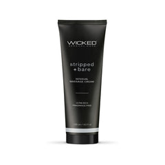 A black tube of WICKED brand Stripped + Bare Sensual Massage Cream, with white and silver text indicating the product name and 'fragrance free' information.