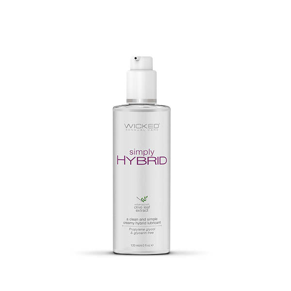A transparent bottle of Wicked Simply Hybrid Lubricant 120ml, featuring a white pump dispenser and a light gray cap. The label provides product details, highlighting that it contains olive leaf extract and is latex-friendly. This 120ml (4 fl oz) silicone-blended lubricant ensures optimal performance.