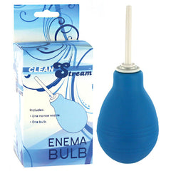 The image shows a blue Cleanstream Enema Bulb beside its packaging. The box, which features white and dark blue swirls along with text that reads "Cleanstream Enema Bulb," is also blue. Perfect for travel, the package indicates it comes with one narrow nozzle and one bulb for quick cleaning.