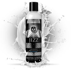 A bottle of Master Series Jizz - 250 ml water-based lubricant is featured against a dynamic splash effect background. The bottle displays a black and white label adorned with abstract, geometric artwork and text highlighting its cum scent. This non-staining lube is available in an 8.5 fl oz (250 ml) size, perfectly mimicking the sensation of jizz in a bottle.