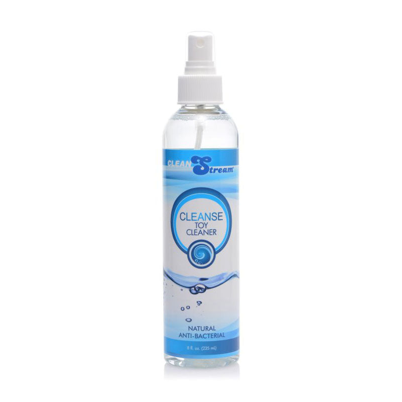 A clear plastic bottle labeled "CleanStream Cleanse Toy Cleaner," designed with a blue and white motif, features a white spray nozzle and holds 8 fl oz (235 ml). The packaging, highlighted by a stylized water droplet logo, boasts "Natural Anti-Bacterial" benefits using naturally derived ingredients. Perfect for CleanStream gear.