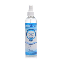 A clear plastic bottle labeled "CleanStream Cleanse Toy Cleaner," designed with a blue and white motif, features a white spray nozzle and holds 8 fl oz (235 ml). The packaging, highlighted by a stylized water droplet logo, boasts "Natural Anti-Bacterial" benefits using naturally derived ingredients. Perfect for CleanStream gear.