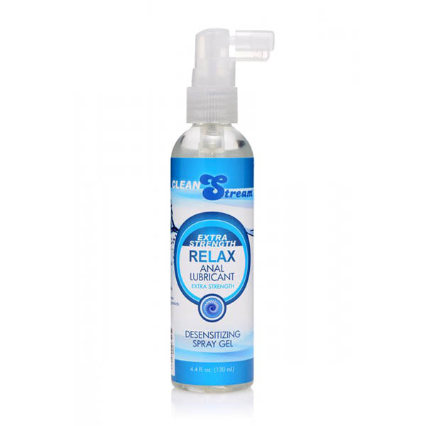 A clear bottle with a white spray nozzle containing CleanStream Relax Extra Strength Anal Desensitising Lubricant. The bottle is labeled "Extra Strength RELAX Anal Lubricant Desensitizing Spray Gel" in blue and white text, with a volume of 120 ml (4 fl. oz.), designed for male genital desensitization and premature ejaculation control.