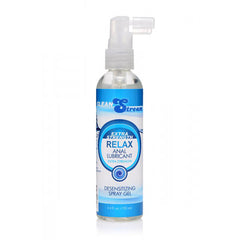 A clear bottle with a white spray nozzle containing CleanStream Relax Extra Strength Anal Desensitising Lubricant. The bottle is labeled "Extra Strength RELAX Anal Lubricant Desensitizing Spray Gel" in blue and white text, with a volume of 120 ml (4 fl. oz.), designed for male genital desensitization and premature ejaculation control.