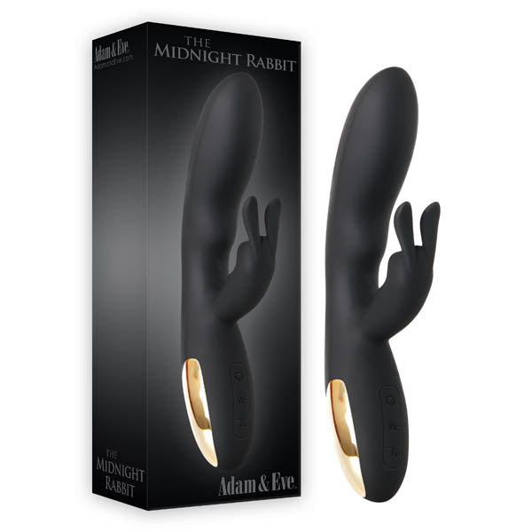 A sleek, black silicone rabbit vibrator named "The Midnight Rabbit" by Adam & Eve, featuring a curved main shaft and a smaller clitoral stimulator with dual motors for heightened pleasure. The product is displayed next to its packaging, which prominently showcases the same vibrator along with the "Adam & Eve" branding.