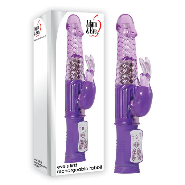 A purple Adam & Eve Eve's First Rechargeable Rabbit Vibrator, featuring a textured tip and dual stimulating rabbit ears for enhanced pleasure, is displayed. The product comes in white packaging with the same product image and branding, labeled "Adam & Eve," alongside the text "eve's first rechargeable rabbit." It offers adjustable rotation speeds for a customizable experience.