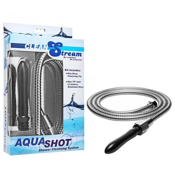 The image displays the CleanStream Aqua Shot Shower Cleansing System - Shower Douche, an intimate cleansing kit. The system features a coiled metal hose and a smooth black nozzle. The packaging lists the contents as one Deep Cleansing Tip, one 79" hose, and one 5" aluminum nozzle. The box is decorated with blue and white graphics.