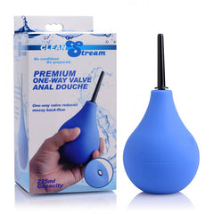 Image of the CleanStream Premium One-Way Valve Anal Douche. The product features a blue enema bulb with a black nozzle and is highlighted for its 225ml capacity. The packaging also notes that the one-way valve prevents backflow.