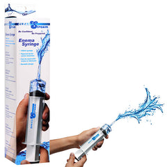 Image of a hand holding a CleanStream 150ml Enema Syringe with water splashing out of its nozzle. The partially transparent syringe has metric measurements marked in blue. The packaging displays a similar image and the product name "CleanStream 150ml Enema Syringe." Silicone and water-based lubricants complement this essential hygiene tool.