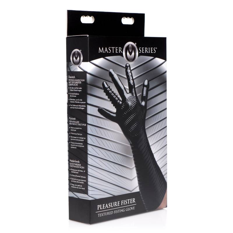 Box containing the Master Series Pleasure Fister - Black Textured Fisting Glove showcased against a white and black striped backdrop. The packaging highlights an image of the black, textured glove crafted for intense fisting experiences, along with product details in English, French, German, and Dutch.