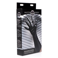 Box containing the Master Series Pleasure Fister - Black Textured Fisting Glove showcased against a white and black striped backdrop. The packaging highlights an image of the black, textured glove crafted for intense fisting experiences, along with product details in English, French, German, and Dutch.