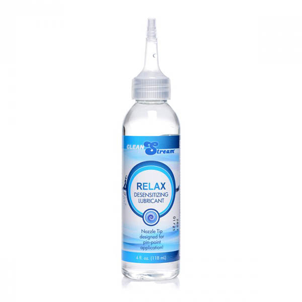 A 118 ml (4 fl oz) bottle of CleanStream Relax Anal Desensitising Lubricant with Nozzle Tip. The clear bottle features a blue and white label with the product name and description, and it includes a pointed nozzle applicator designed for precise application.
