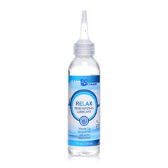 A 118 ml (4 fl oz) bottle of CleanStream Relax Anal Desensitising Lubricant with Nozzle Tip. The clear bottle features a blue and white label with the product name and description, and it includes a pointed nozzle applicator designed for precise application.