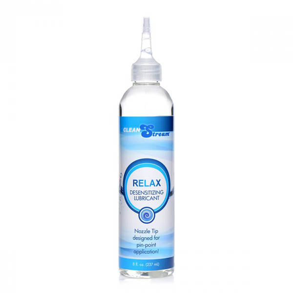 Bottle of CleanStream Relax Anal Desensitising Lubricant with Nozzle Tip, 237ml, clear liquid visible inside the bottle